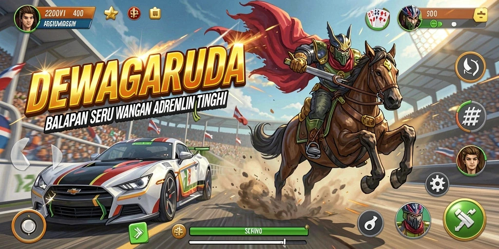 Tampilan gameplay DEWAGARUDA dengan mobil balap beraksi di lintasan.