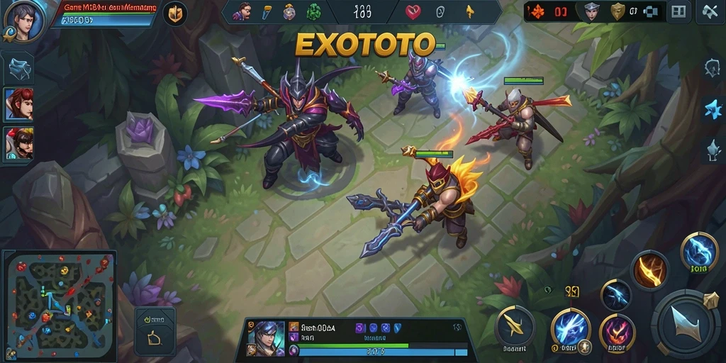 Screenshot gameplay EXOTOTO yang menampilkan aksi pertarungan tim.