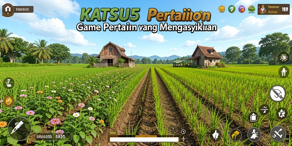 Tampilan gameplay KATSU5 yang menampilkan kebun yang luas dan tanaman yang subur.