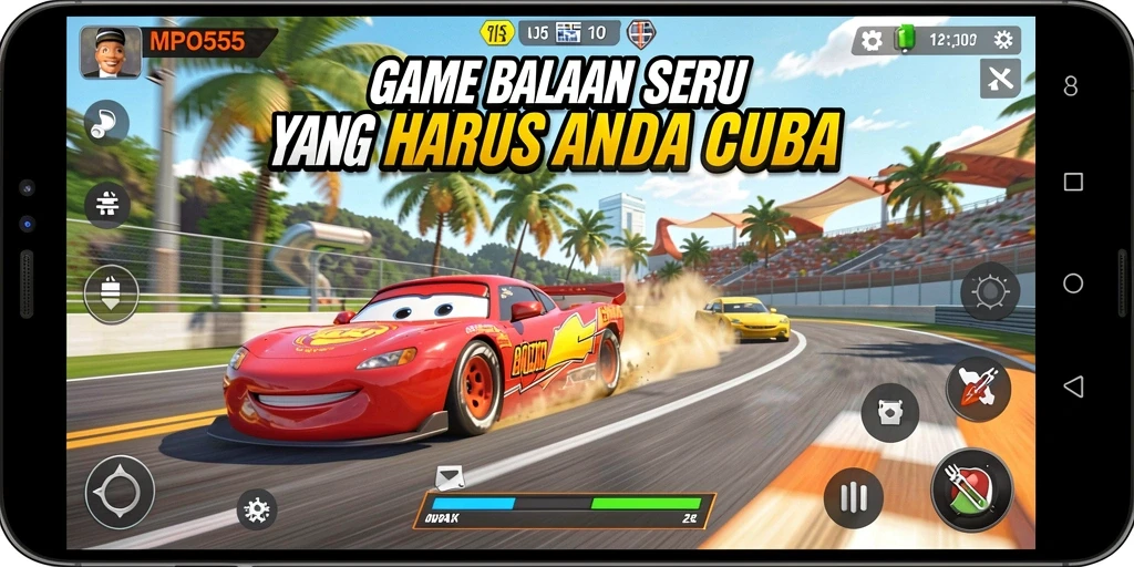 Screenshot gameplay MPO555 yang menampilkan mobil balap di trek berkecepatan tinggi.