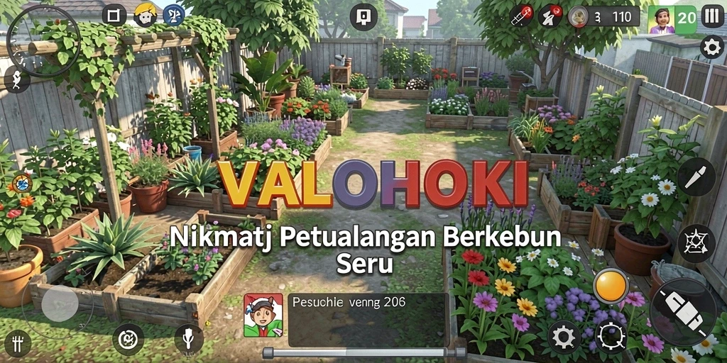 Screenshot VALOHOKI menampilkan kebun yang rimbun dan aktivitas berkebun yang menyenangkan.