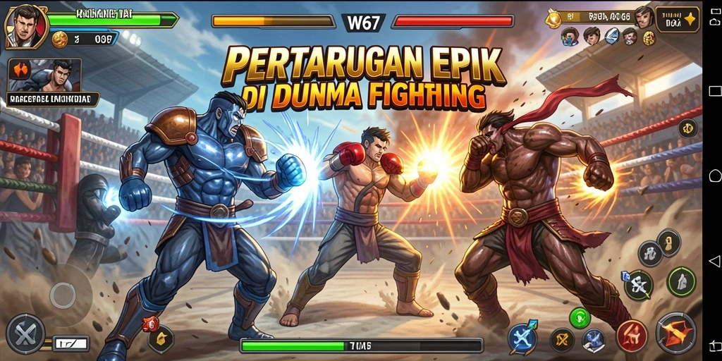 Screenshot utama W67 menampilkan aksi pertarungan yang seru dan intens.